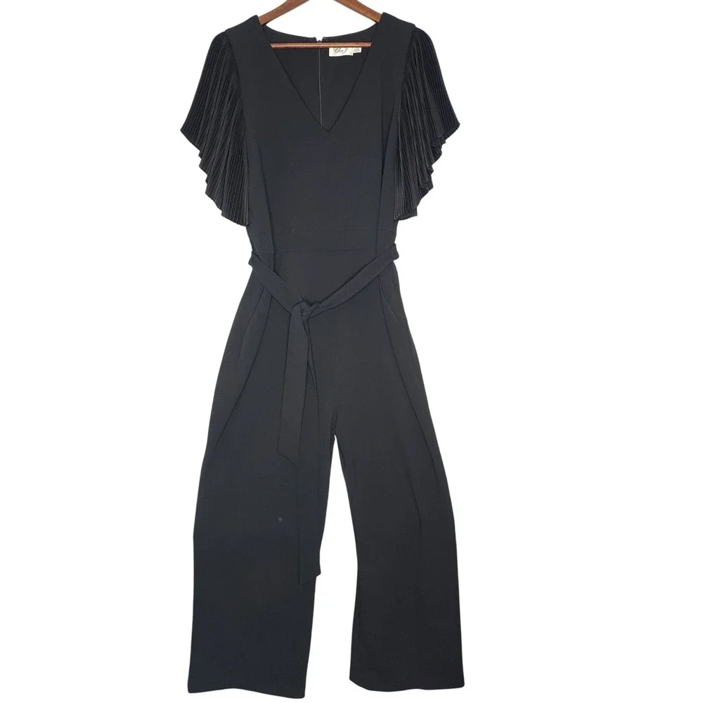 Eliza J Pleated Flutter Sleeve Belted V Neck Jumpsuit Black 14 Party Wedding - Picture 2 of 10